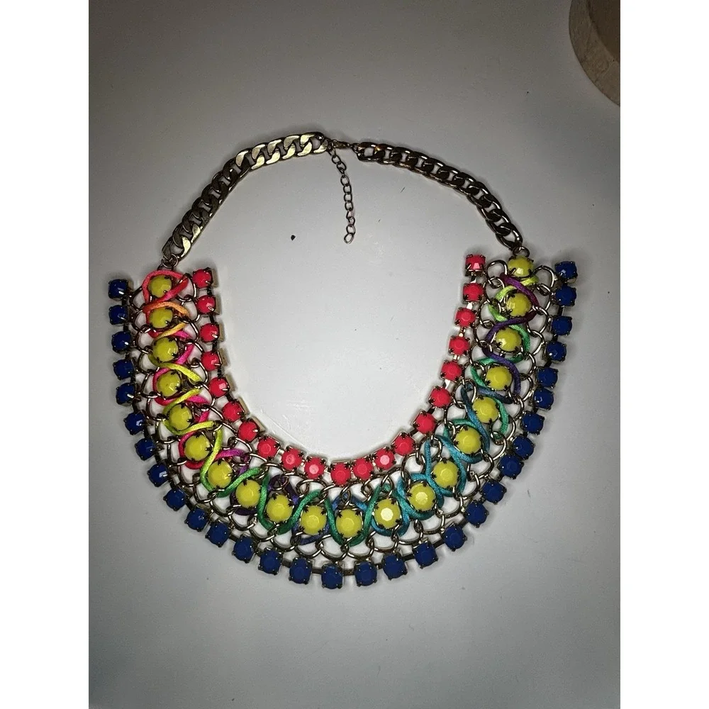Neon Statement Bib Necklace Pink Blue Yellow Rhinestones Woven Cord 21